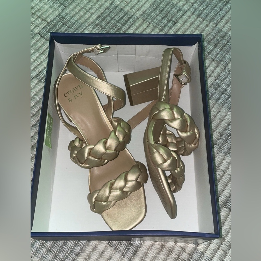 Crown & Ivy Metallic Gold Braided Heels